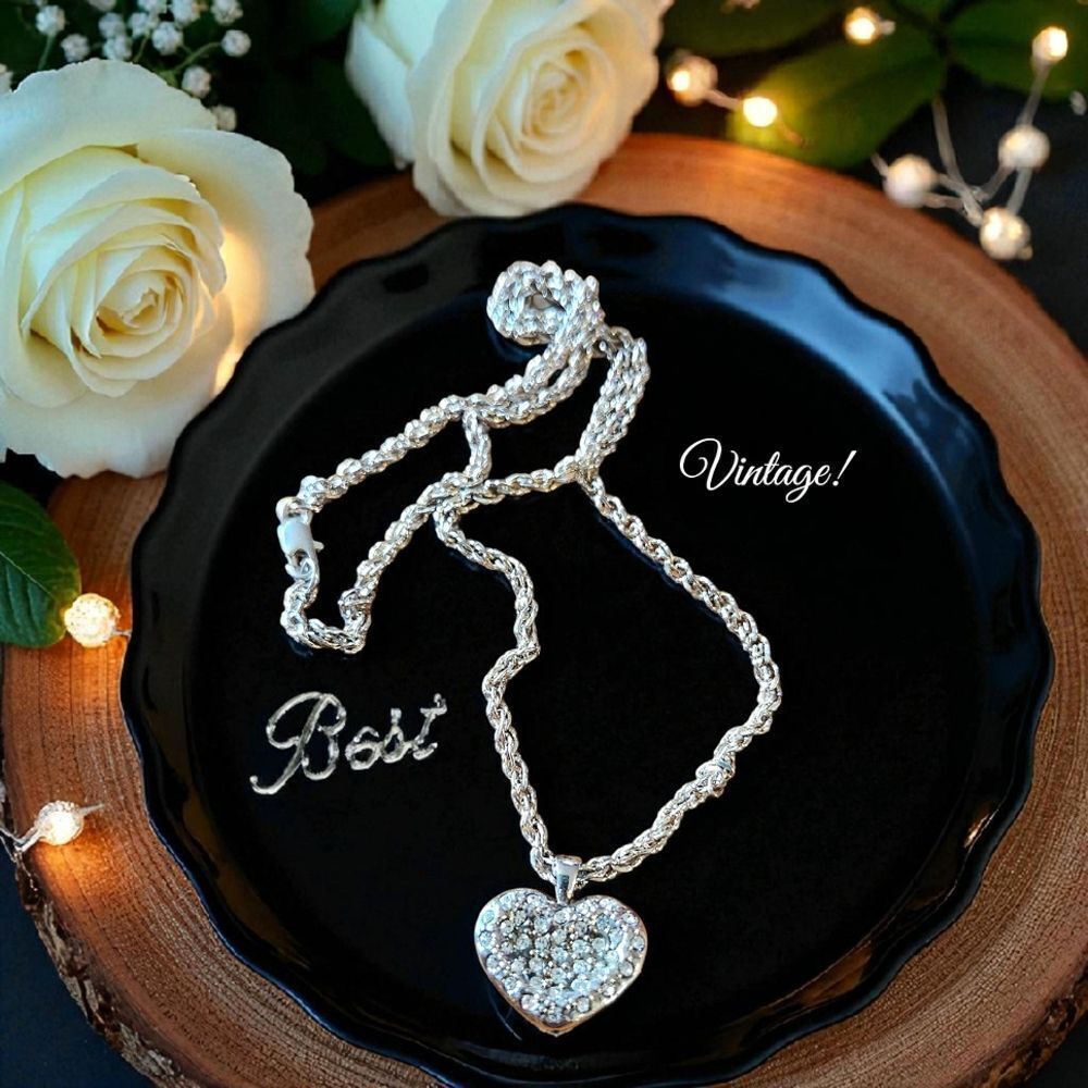 BEST Vintage Silver And Crystal Heart Necklace SWEET AND SPARKLY